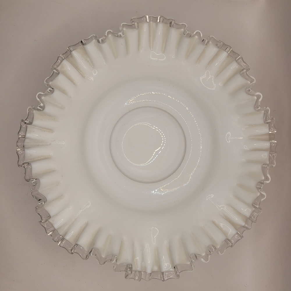 Vintage 13" Fenton White Milk Glass Bowl SILVER CREST Crimped & Ruffled